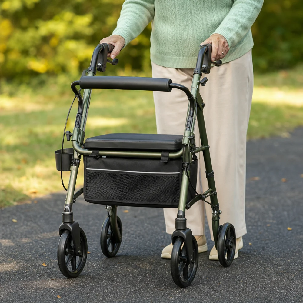 Walker accessory shown in an outdoor-use setup on a neutral path surface.