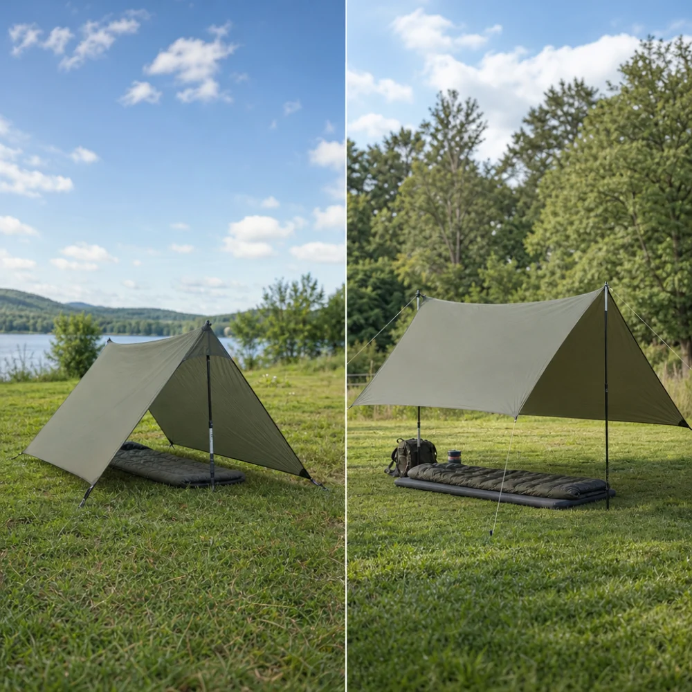 Two open-air shelter styles shown for size and coverage comparison