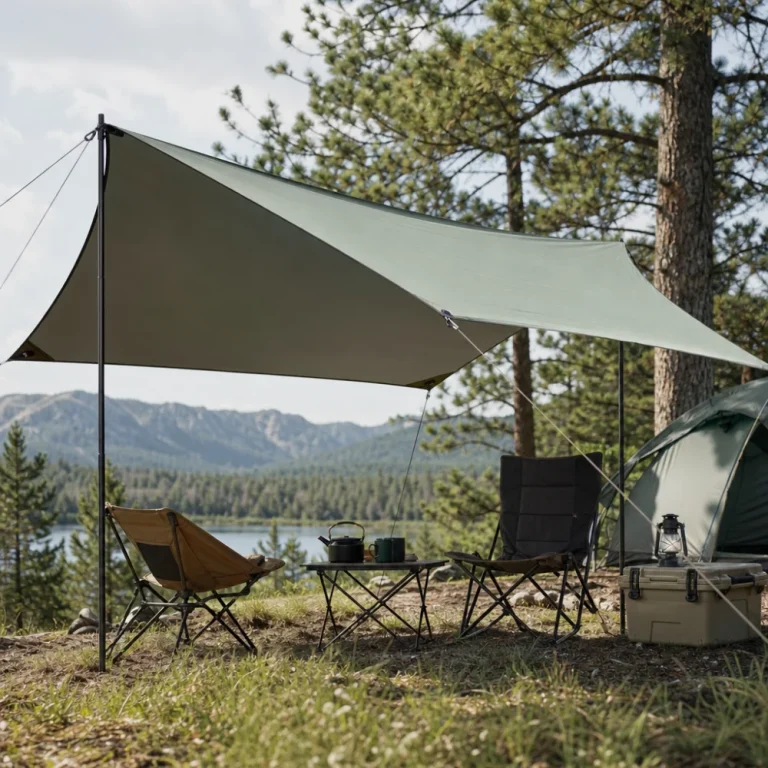 An open-air shelter shading a small campsite seating area