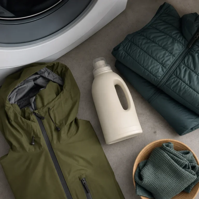 Outdoor fabric wash bottle beside folded outdoor clothing on a neutral background.