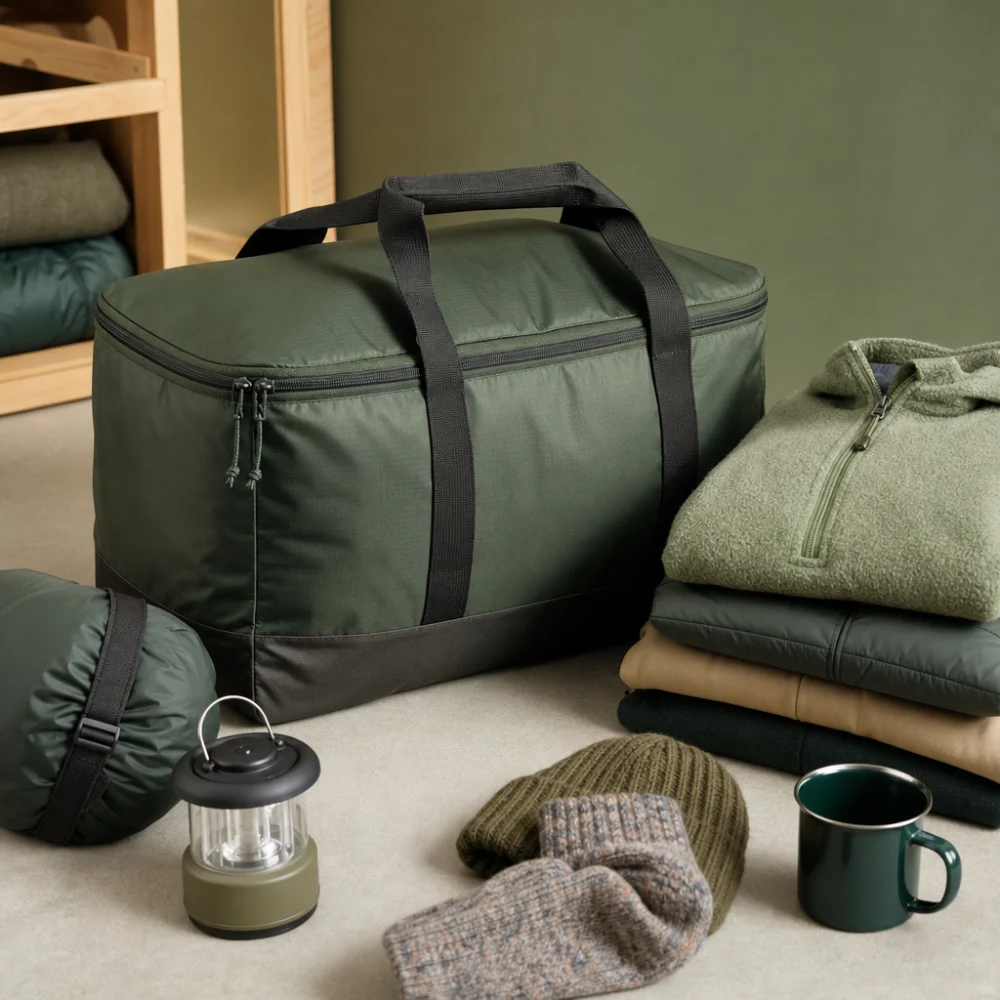 A generic outdoor gear storage bag holding folded outdoor gear and small accessories.