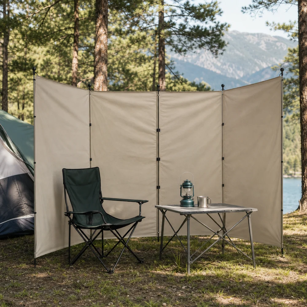 An outdoor privacy screen set up at a campsite beside basic camping gear.