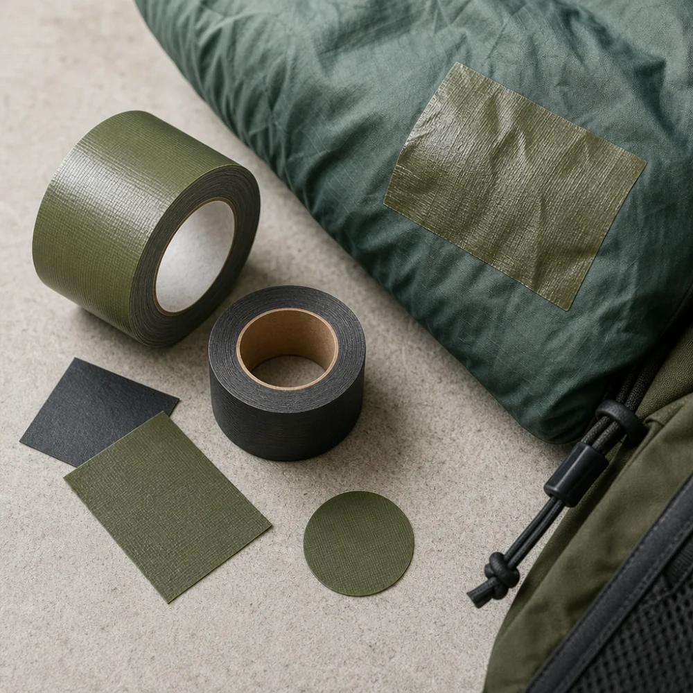 Outdoor repair tape and a simple repaired fabric gear surface on a clean background