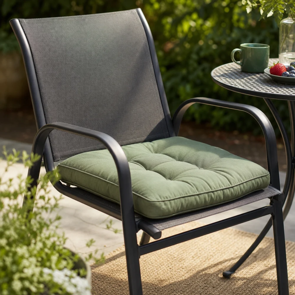 Outdoor chair with a simple seat cushion in a natural outdoor setting.