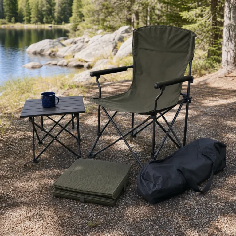 Camping chair with a side table, cushion, and carry bag