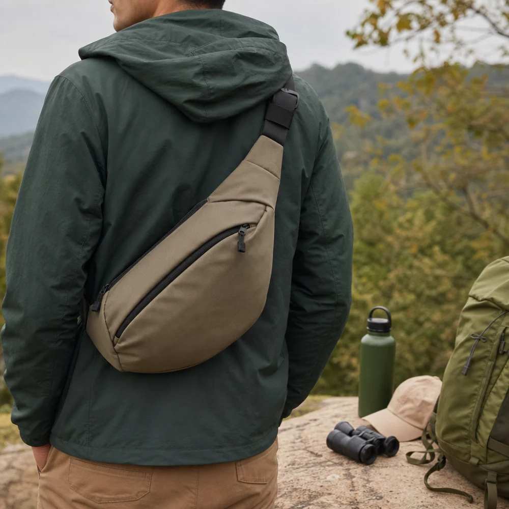 A generic outdoor sling bag shown with simple outdoor essentials