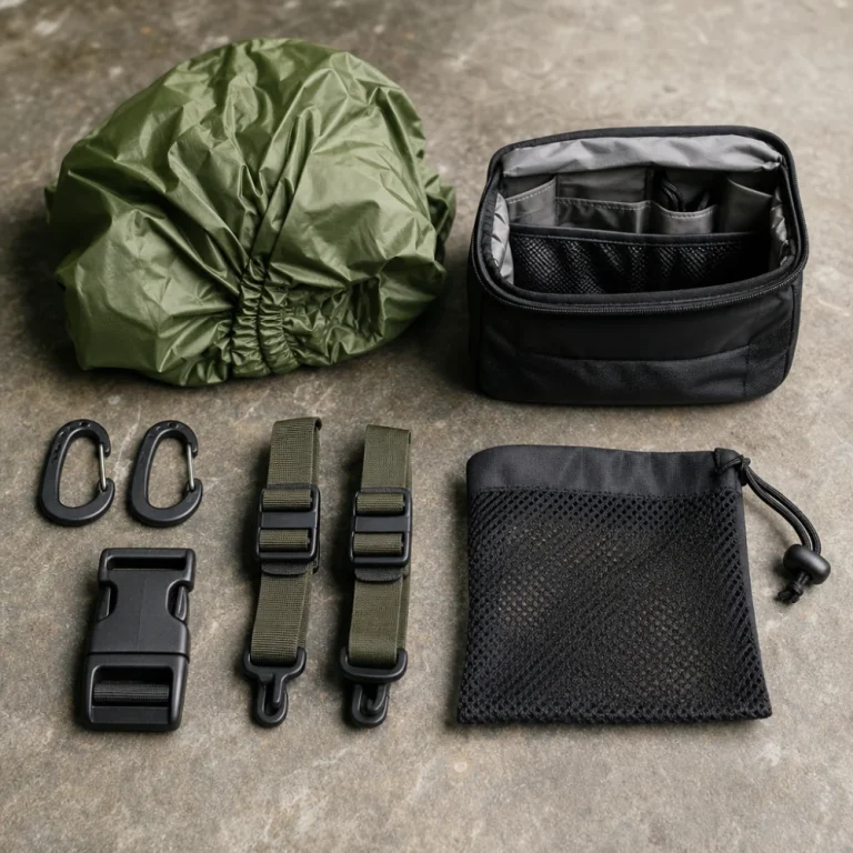 Pack accessories arranged on a neutral surface