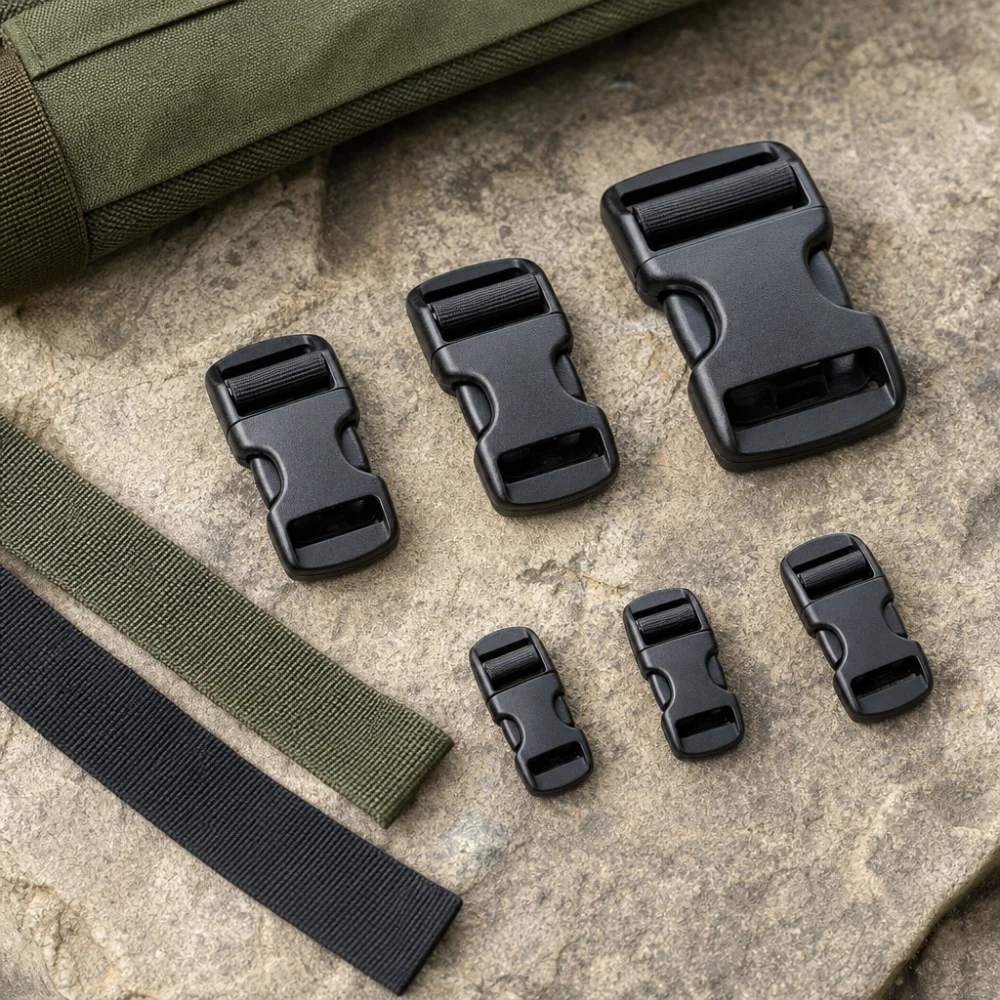 Generic pack buckles and webbing straps arranged on a neutral background.