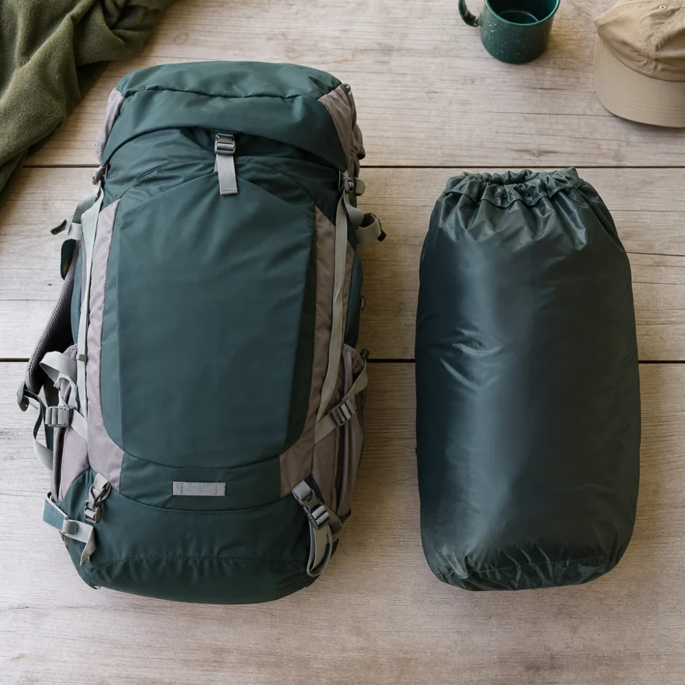 Backpack beside a simple pack liner in a neutral outdoor gear flat lay.