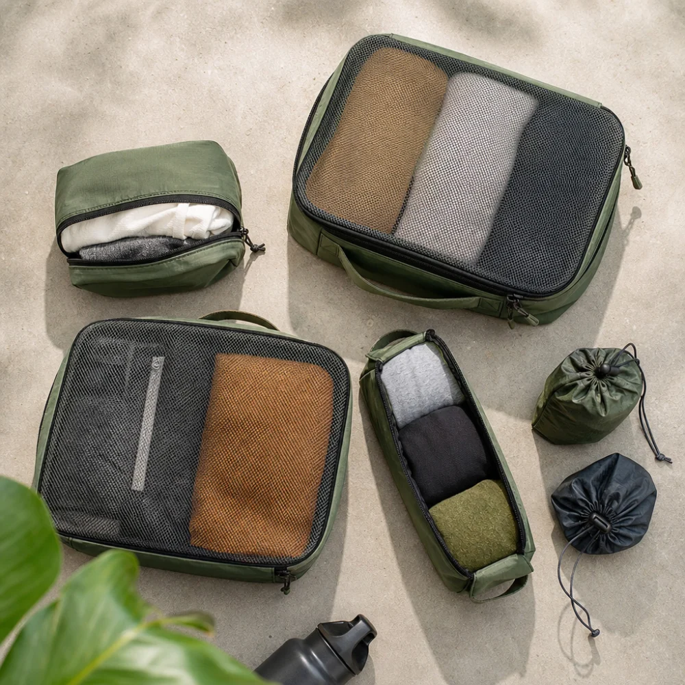A flat-lay of generic pack organizers with small packed items arranged neatly on a neutral surface.