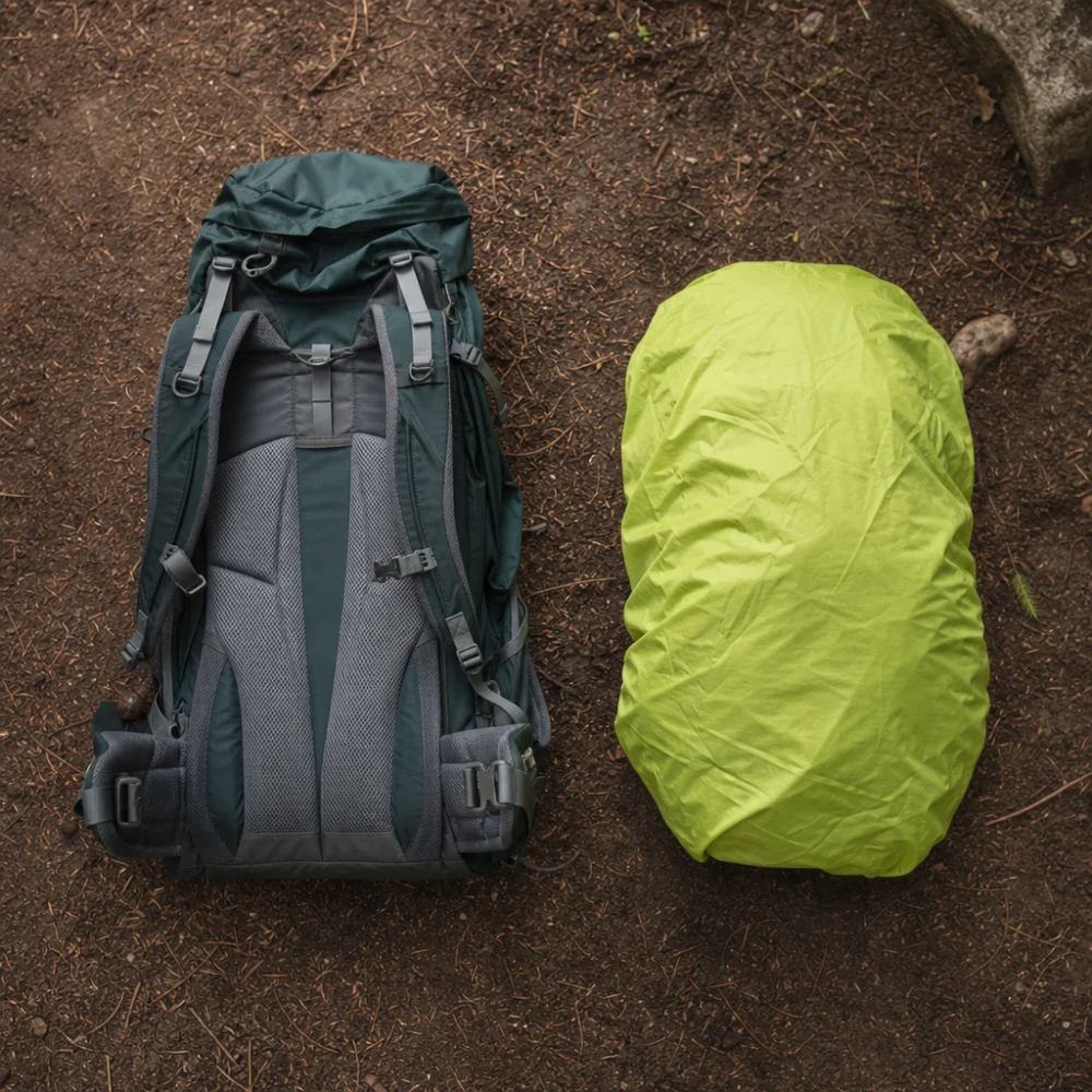 Backpack and rain cover shown in a simple outdoor gear layout.