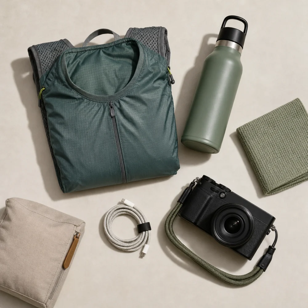 A compact packable daypack shown with simple travel items on a neutral background.