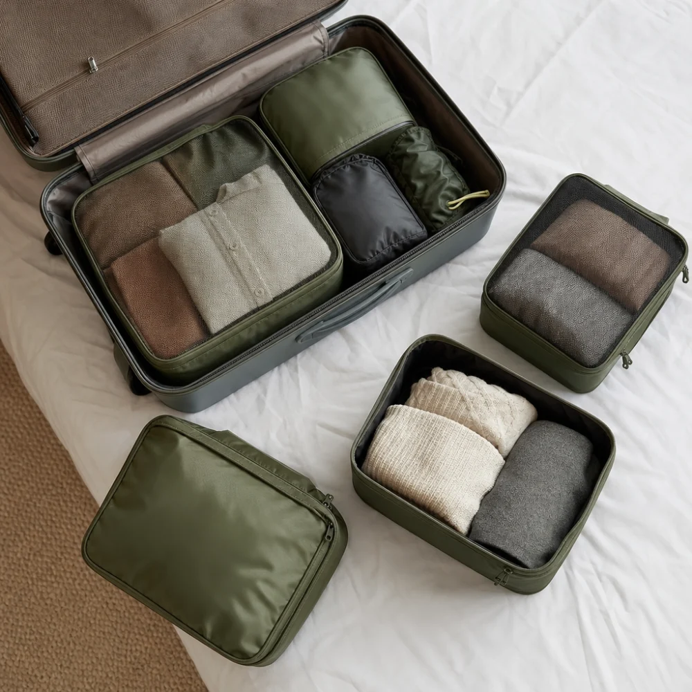Open suitcase with neatly arranged packing cubes and folded travel clothing