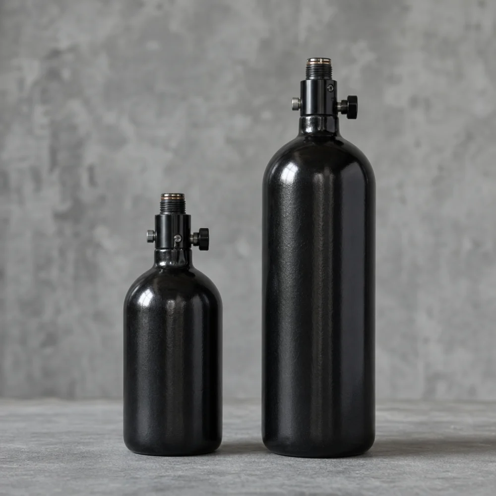 Two generic paintball air tanks of different sizes shown side by side.