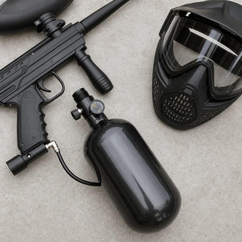Generic paintball air tank shown with paintball gear on a neutral background.