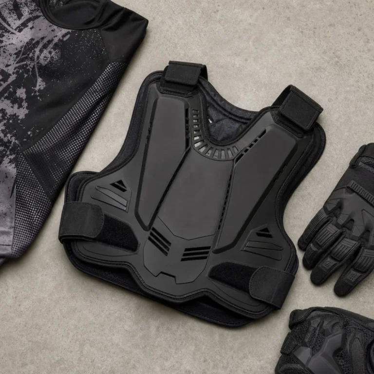 Generic paintball chest protector laid out with related gear on a neutral background.