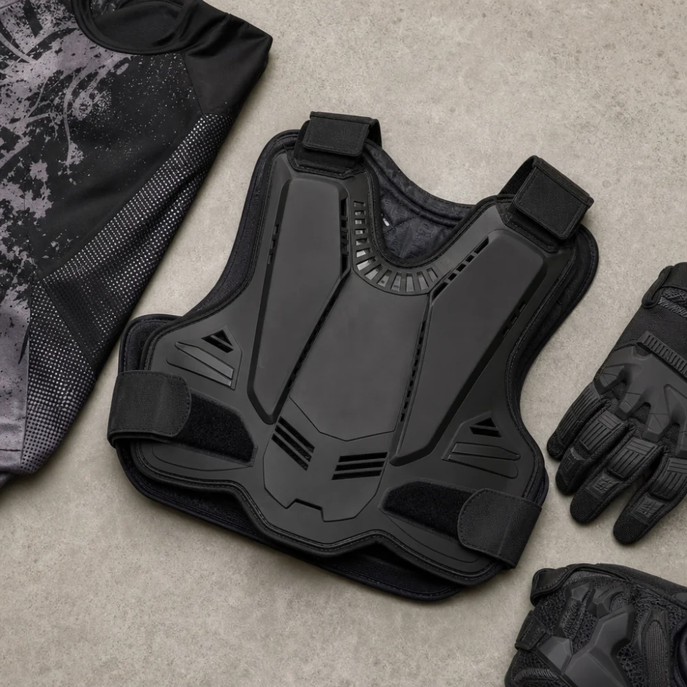 Generic paintball chest protector laid out with related gear on a neutral background.