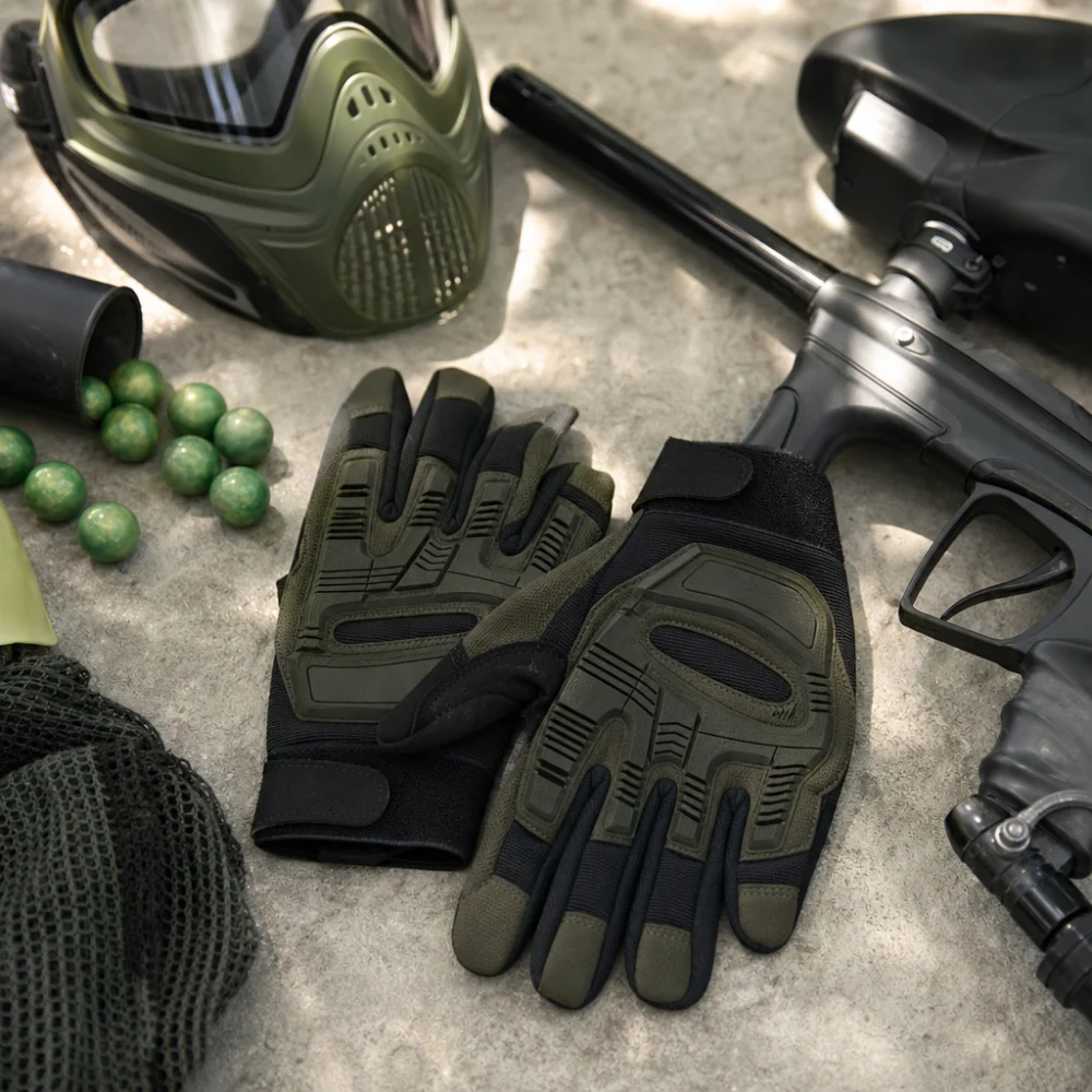 Unbranded paintball gloves arranged beside paintball gear on a neutral background.