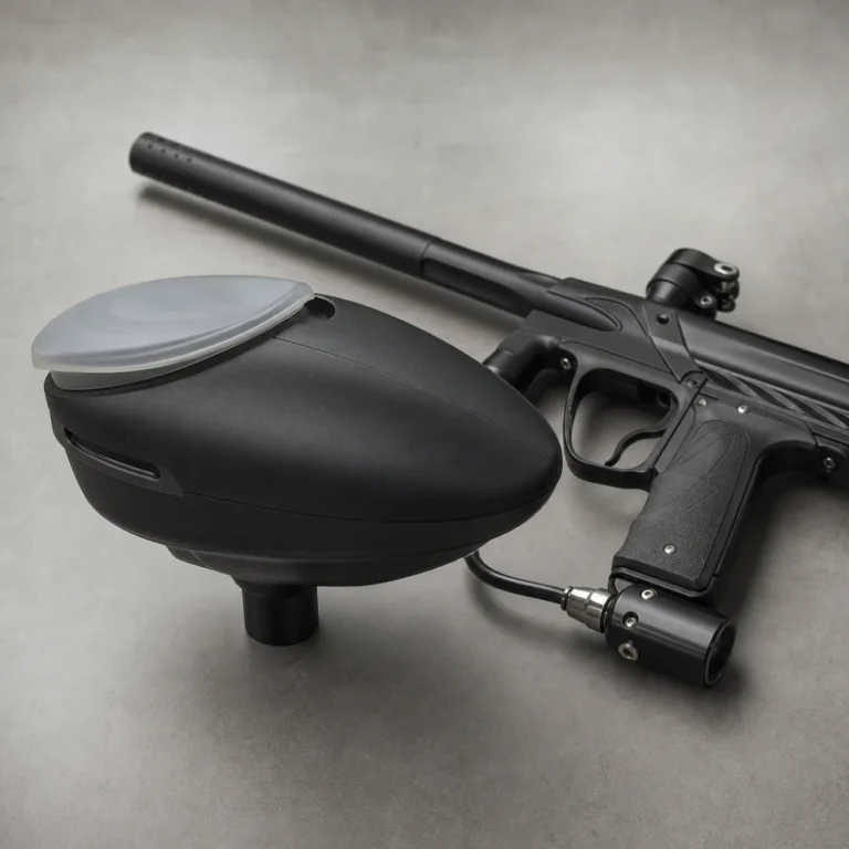 A generic paintball hopper next to a paintball marker on a neutral background.