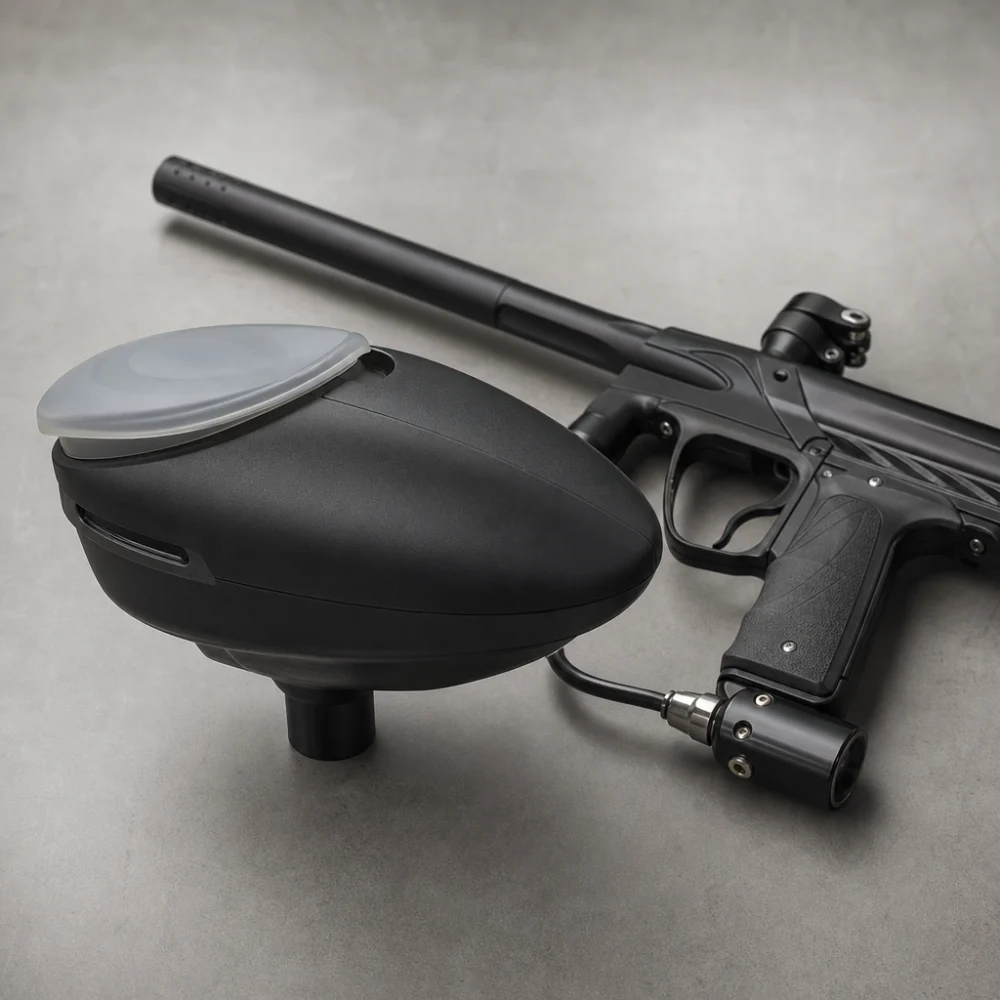 A generic paintball hopper next to a paintball marker on a neutral background.