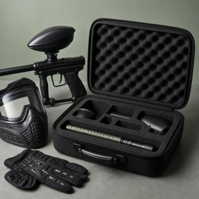 A paintball marker case shown open with a marker and small gear items on a neutral background.