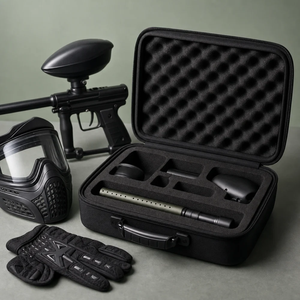 A paintball marker case shown open with a marker and small gear items on a neutral background.