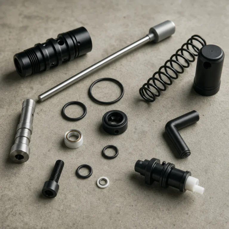 Assorted generic paintball marker replacement parts arranged on a neutral surface.