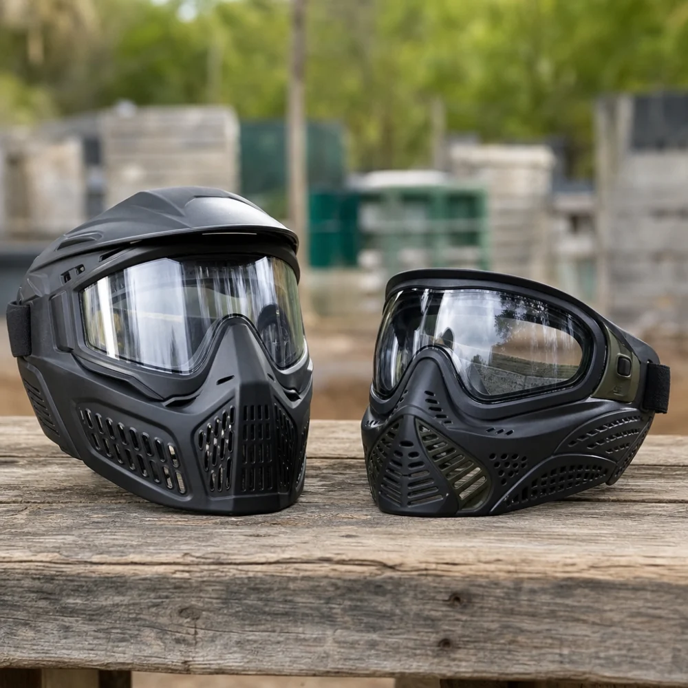 Two unbranded paintball masks shown side by side for comparison