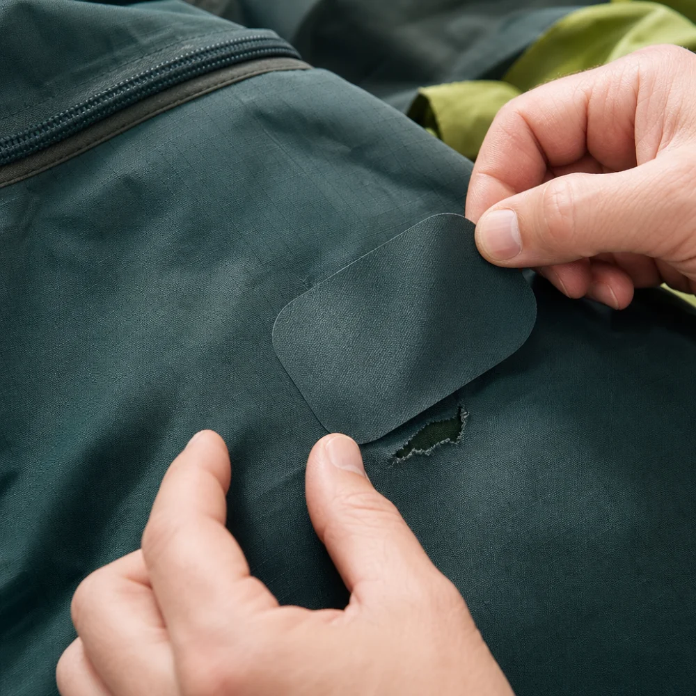 Patch applied to a flexible outdoor fabric surface
