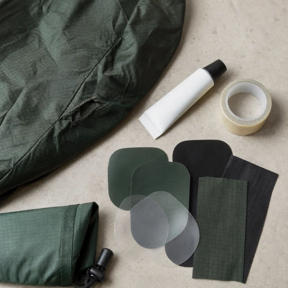 Outdoor gear repair supplies arranged beside a patched fabric sample