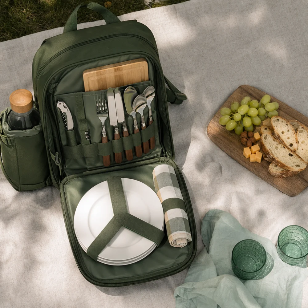 A picnic backpack beside simple picnic items on a neutral surface