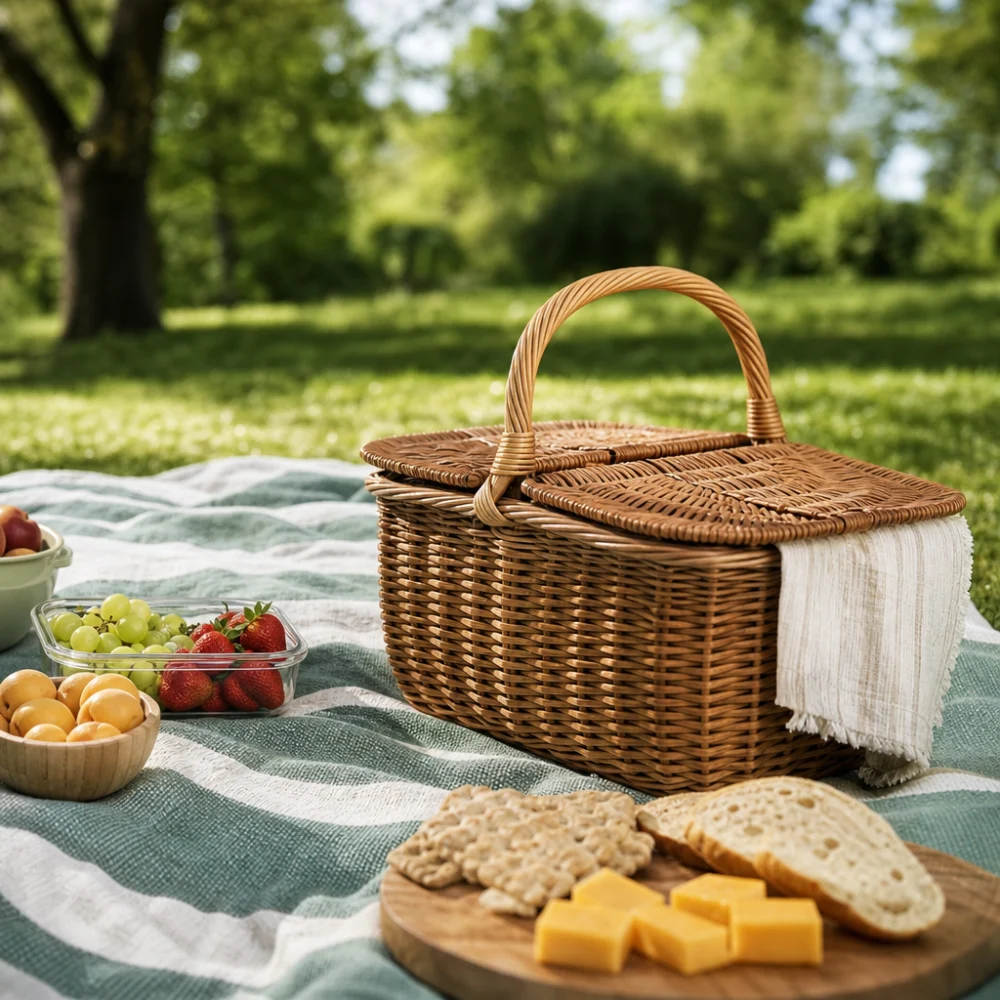 A woven picnic basket arranged on a picnic blanket with food containers nearby.