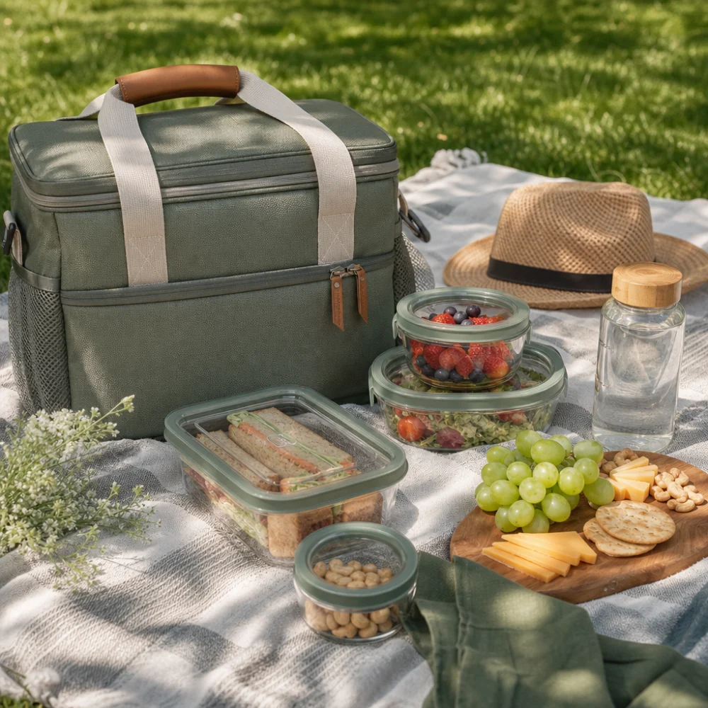 A picnic food carrier with reusable containers on a blanket