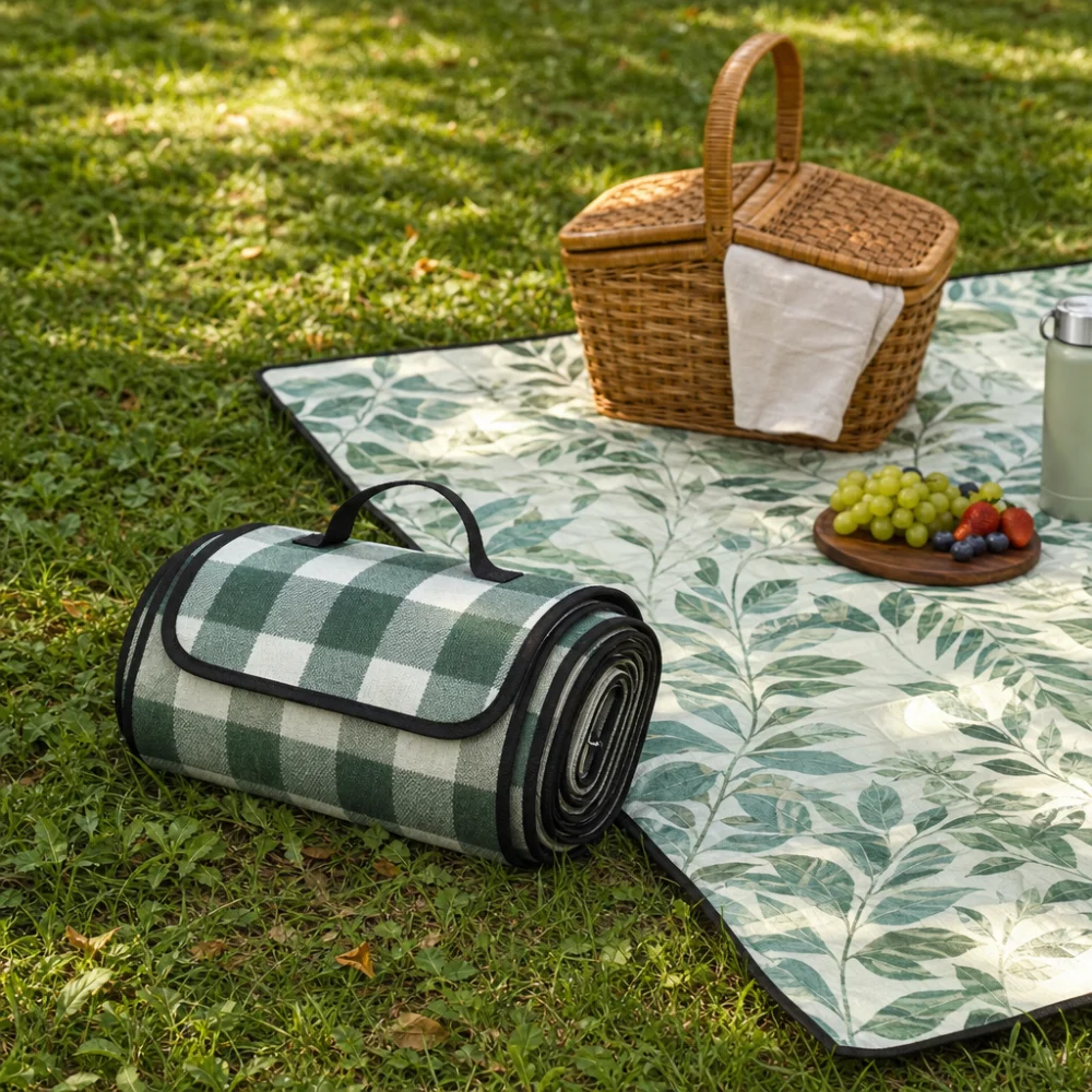 A picnic mat laid out on grass with a simple picnic setup nearby.