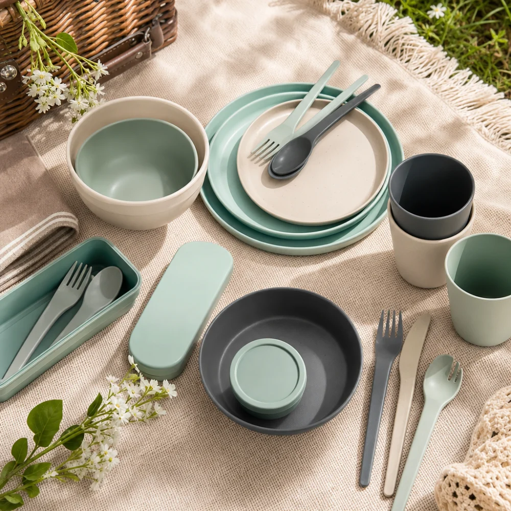 Assorted picnic tableware pieces arranged on a picnic blanket