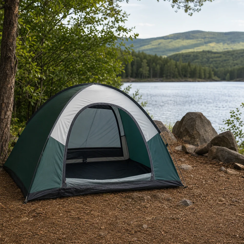 A pop-up tent set up at a campsite in daylight.