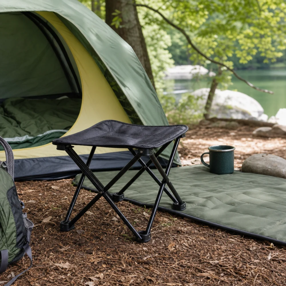 A portable camp stool beside camping gear at an outdoor campsite.