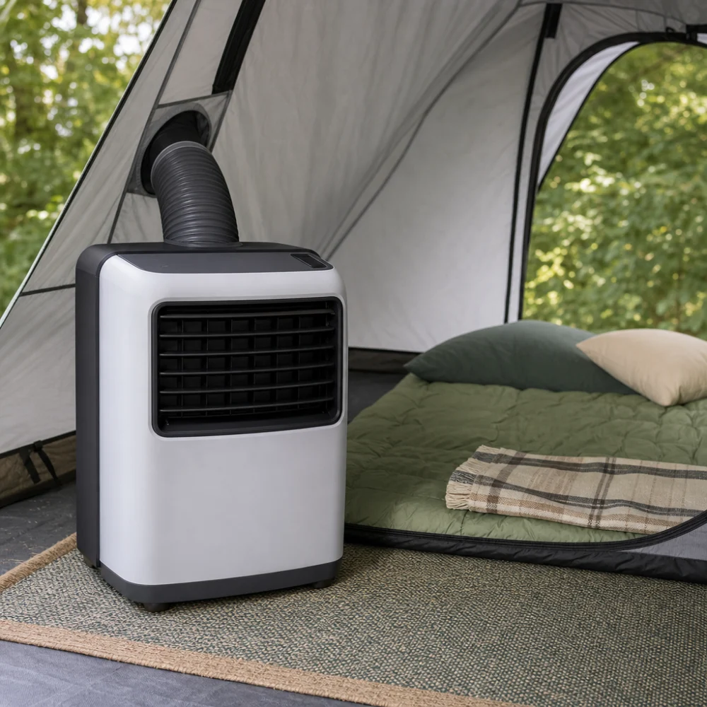 A camping cooling unit shown near a tent to illustrate size and placement.
