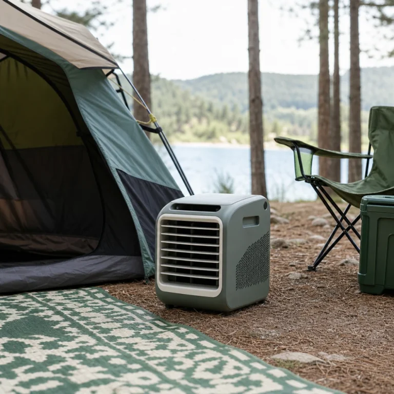 A portable camping air conditioner placed near a tent at a campsite.