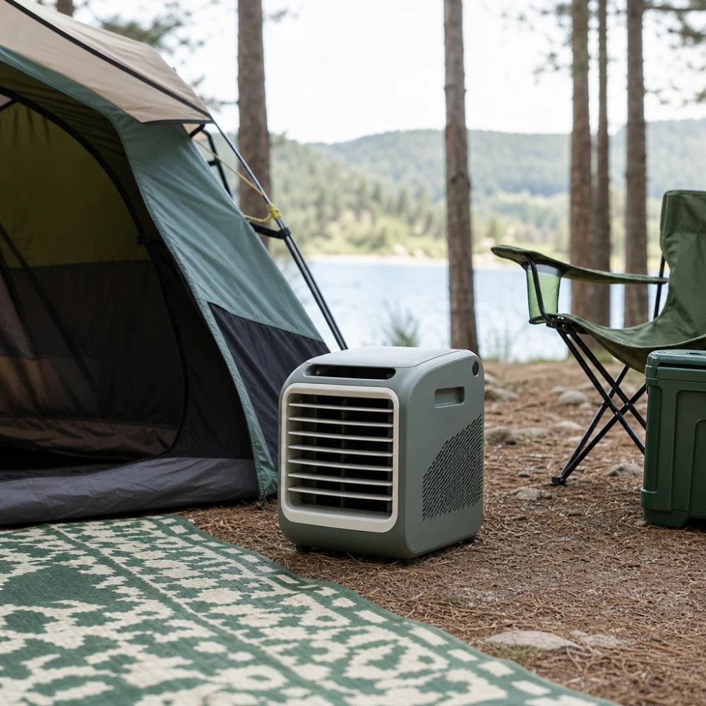 A portable camping air conditioner placed near a tent at a campsite.