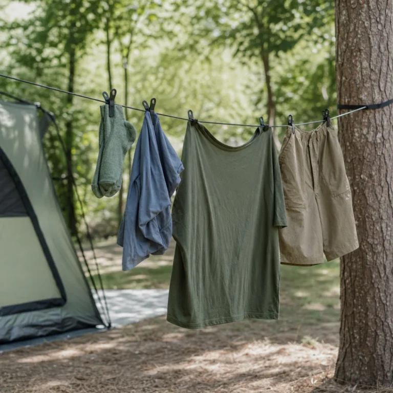 Portable clothesline set up outdoors with a few small items hanging
