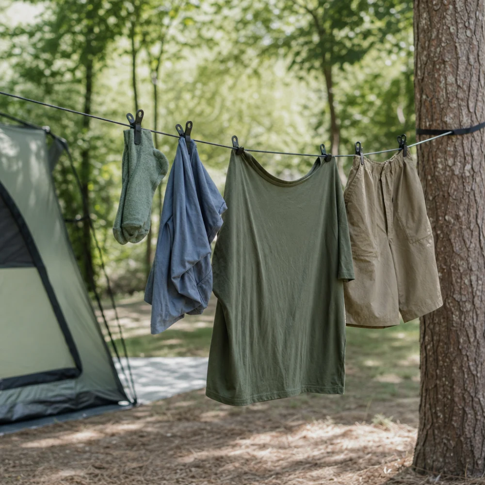 Portable clothesline set up outdoors with a few small items hanging
