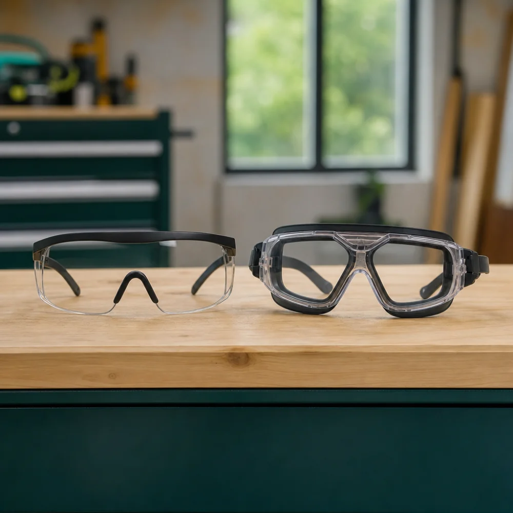 Two styles of protective eyewear shown side by side
