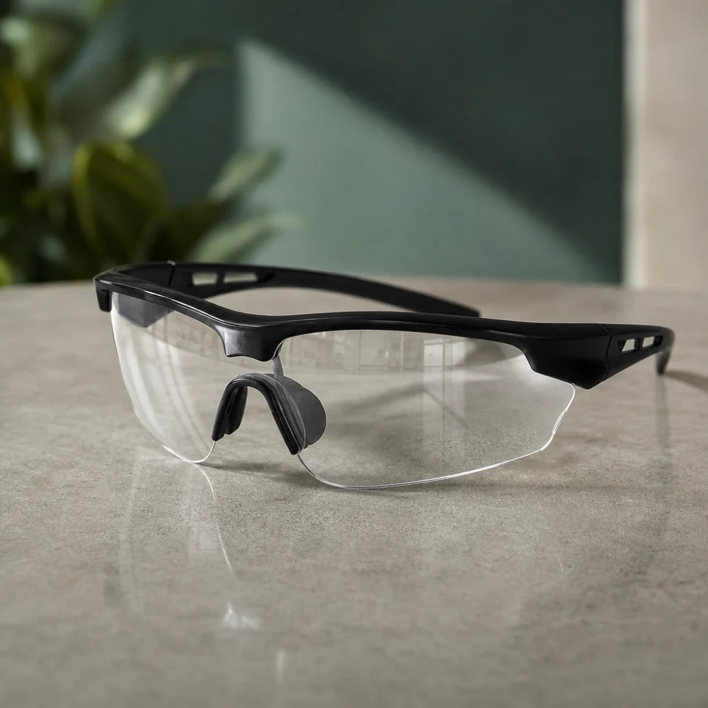 Protective eyewear laid out on a neutral background