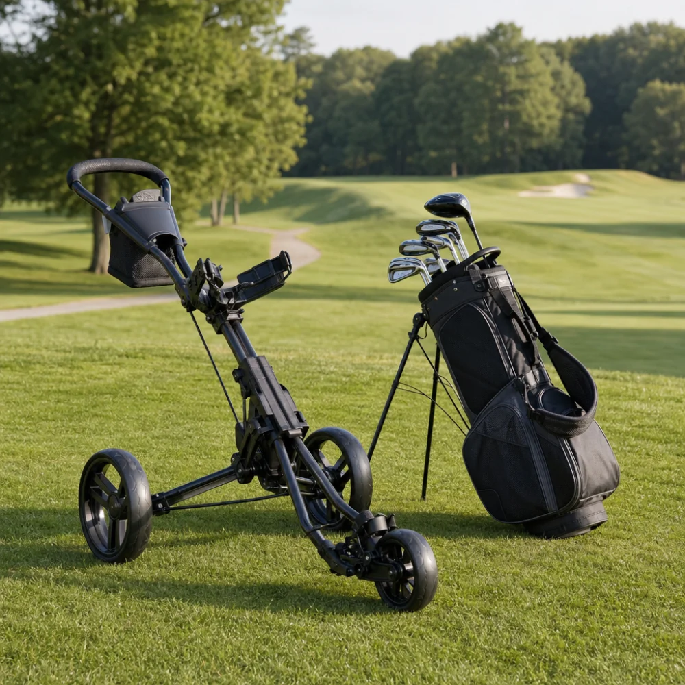 A generic push golf cart beside a golf bag on a golf course