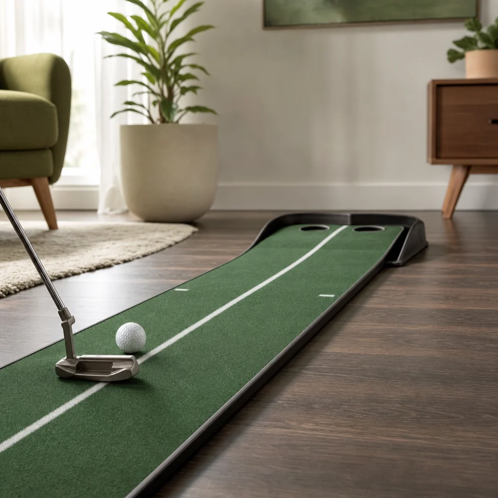 Indoor golf putting mat with a golf ball and putter beside it