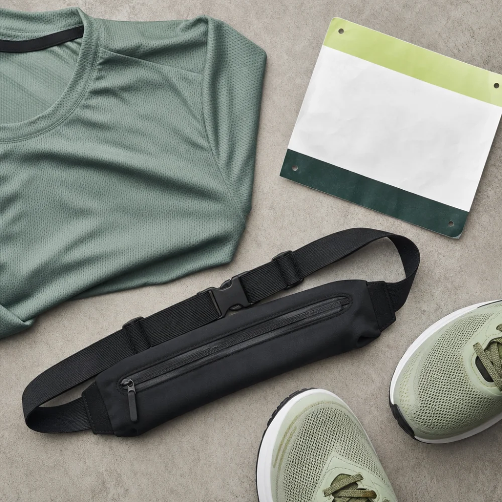 A race bib belt setup with a running shirt and bib on a neutral surface.