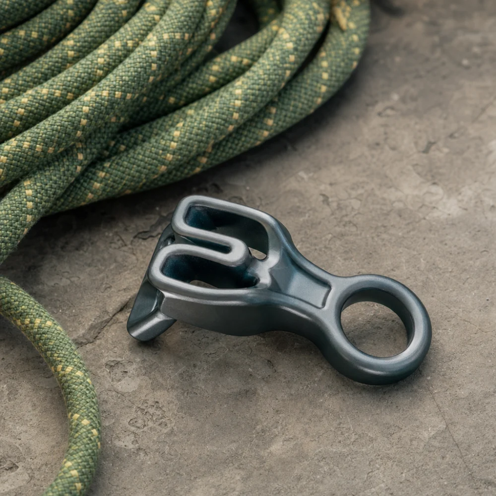 Generic rappel device next to climbing rope on a neutral background