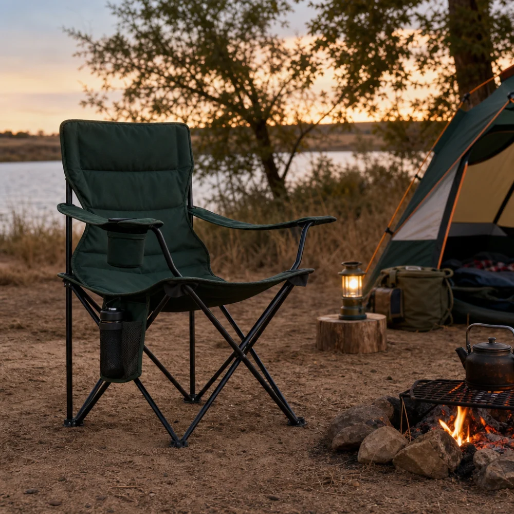 A reclining camp chair beside a campsite setup