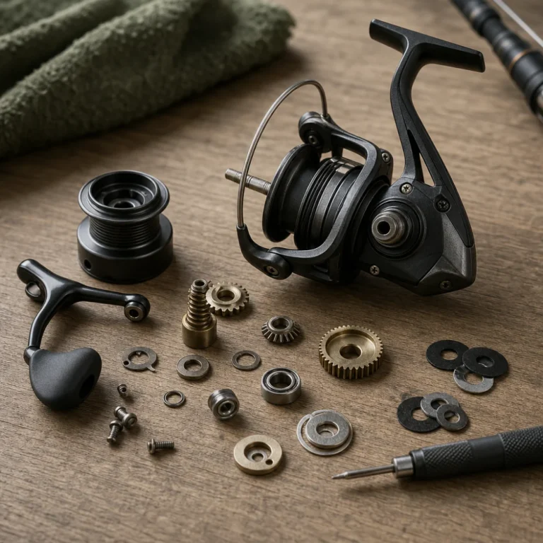 Fishing reel replacement parts arranged beside a reel body on a clean surface.